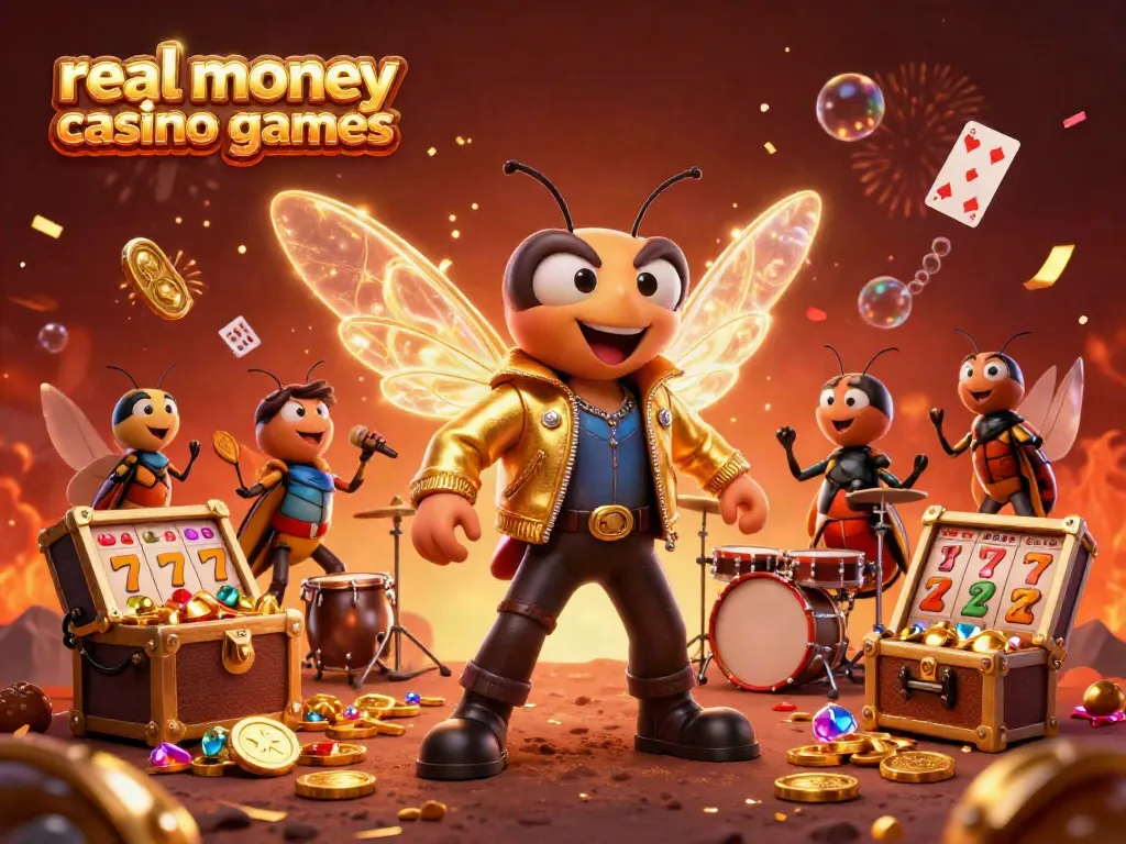 Experience thrilling real money casino games with vibrant characters and exciting slot elements in this dynamic 3D illustration.