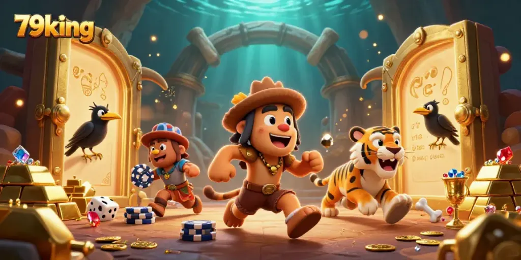 Experience luck with 79king in a vibrant prehistoric casino scene filled with treasures and playful characters.