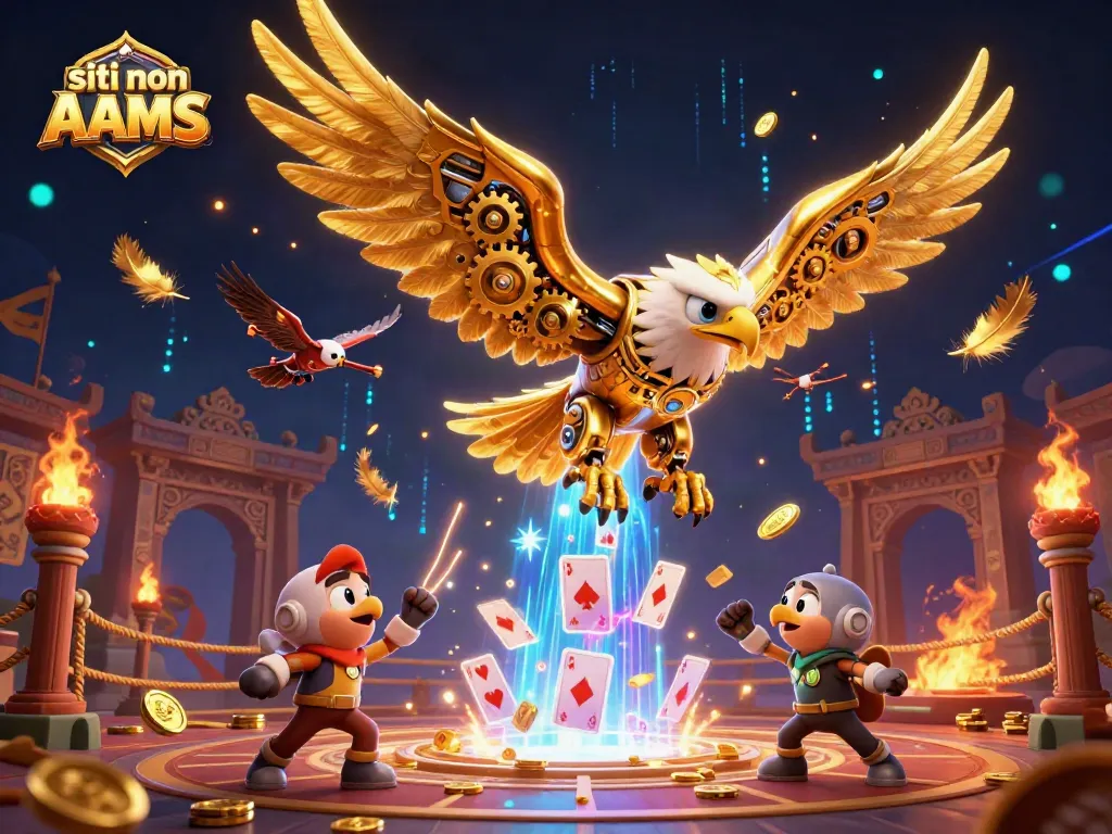 Giocando nei migliori siti non AAMS, un'aquila d'oro indaga su carte da gioco olografiche e monete in un'illustrazione 3D.