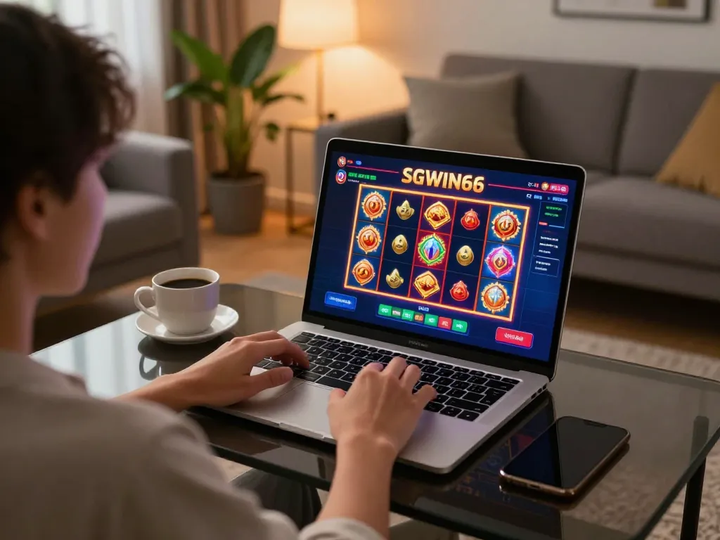 Engaged player enjoying SGWIN66 online casino, vibrant slots visible on laptop.