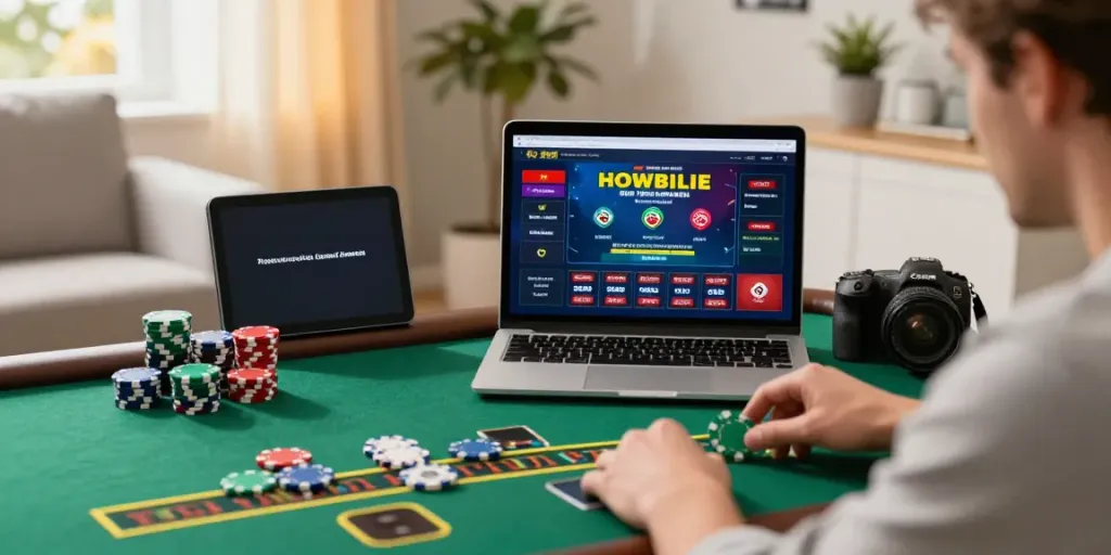 Engaging online gambling scene at betawi777.com, featuring player enjoying live blackjack in a cozy home.