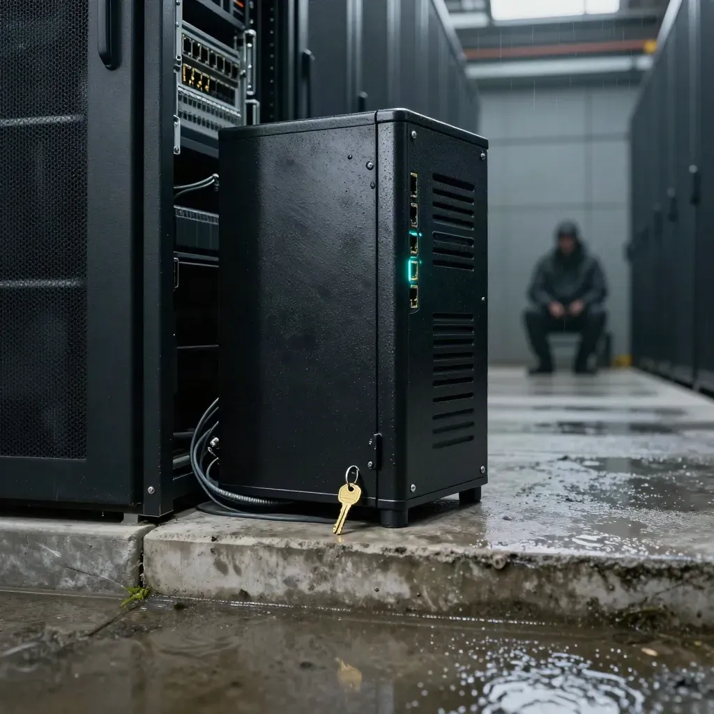 Matte-black firewall tower with fiber leads, brass key, and misty industrial rain-light.