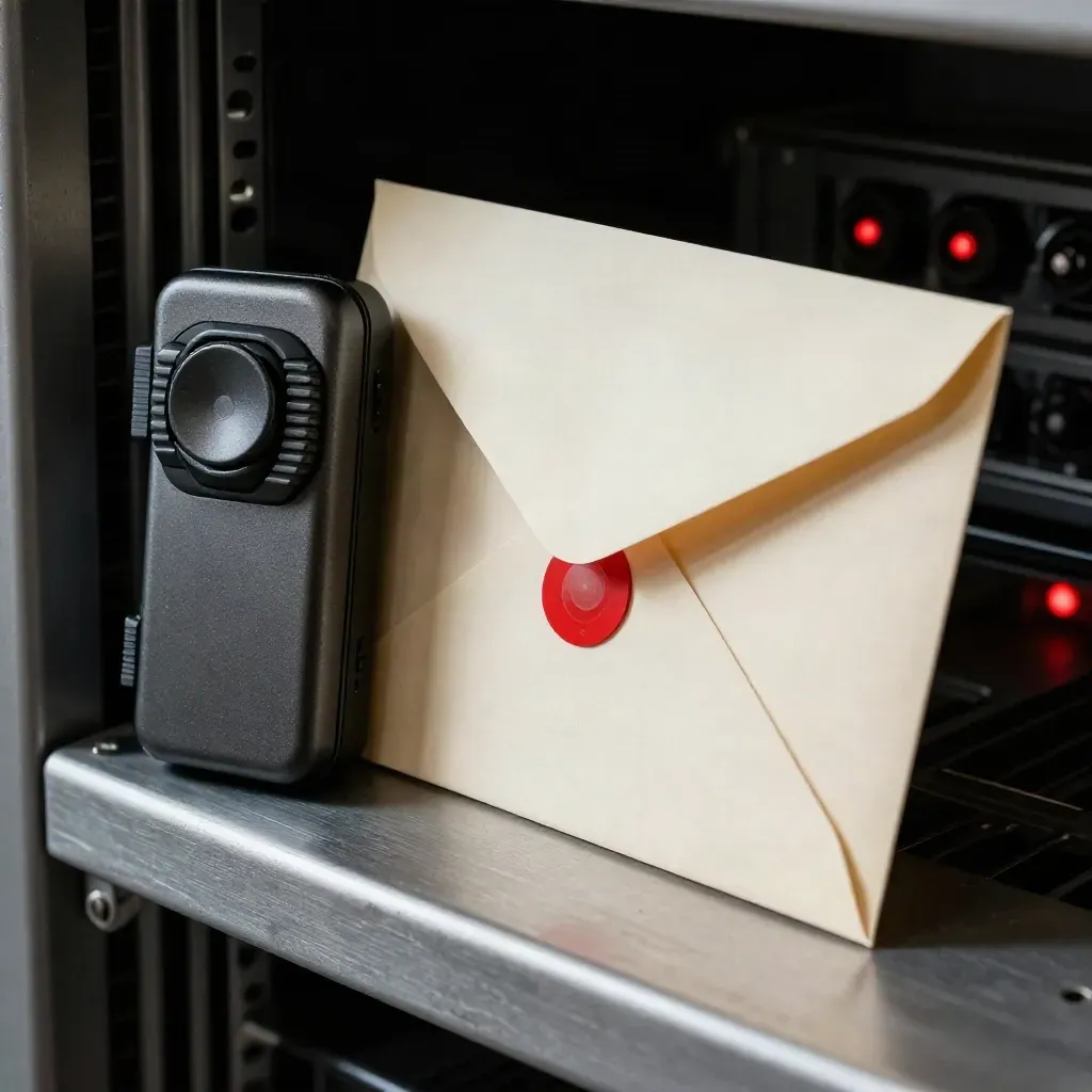Incident pager, blank envelope, and red tamper seal on a dark metal shelf.