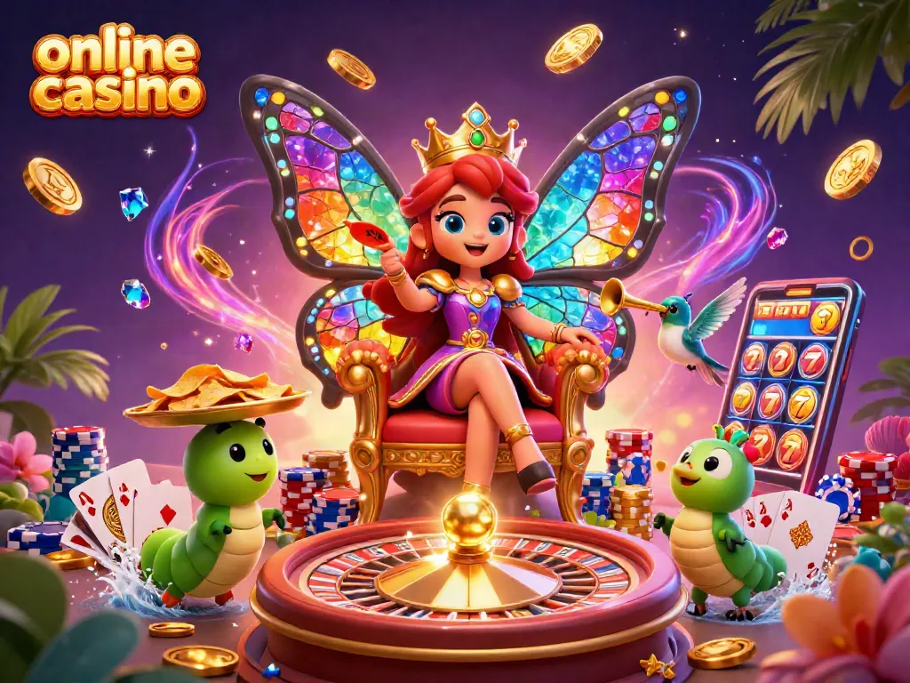 Un casino online donde la reina mariposa ofrece fichas y oro, rodeada de emoción y premios.