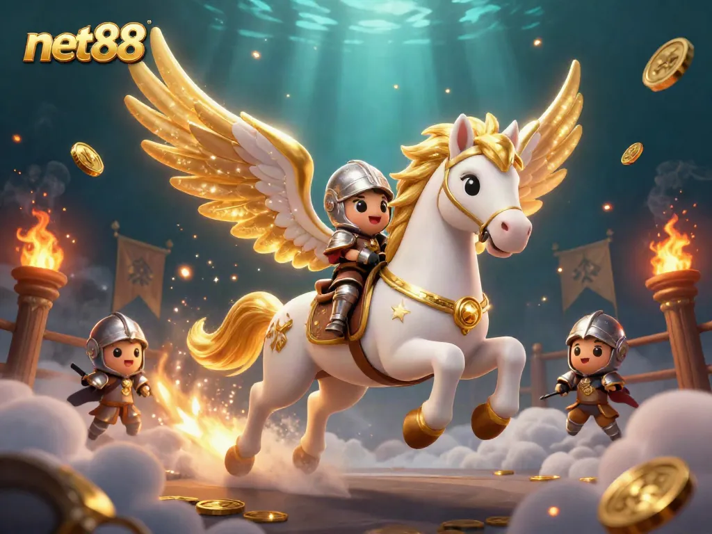 Experience the thrill of net88 casino with celestial horse and cute knight amidst gold and fire elements.