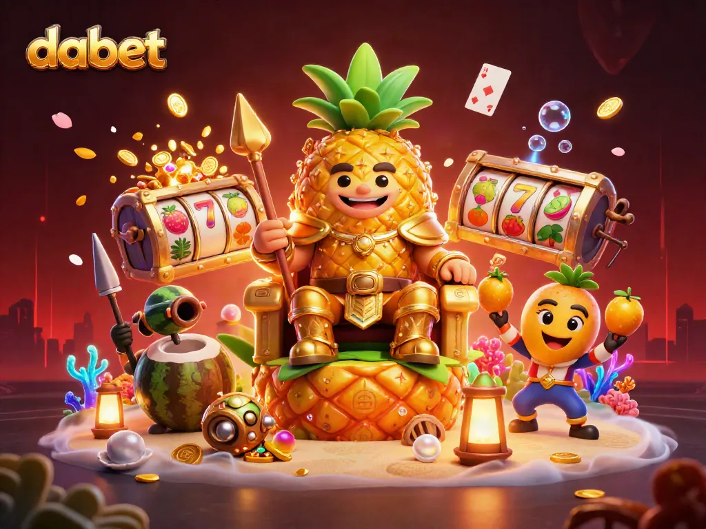 dabet features a vibrant casino scene with a pineapple king, coconut guards, and slot reels