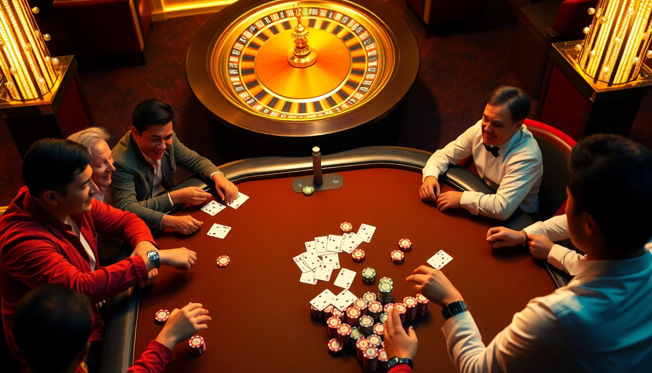 Cakhiatv themed scene showcasing players at a high-stakes poker table in a luxury casino environment.