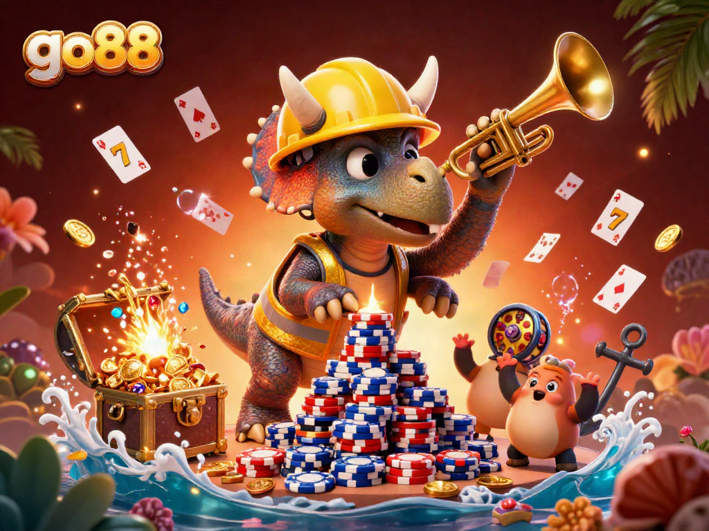 Experience go88's thrilling gameplay with a vibrant triceratops creating poker chip pyramids amidst dynamic casino elements.