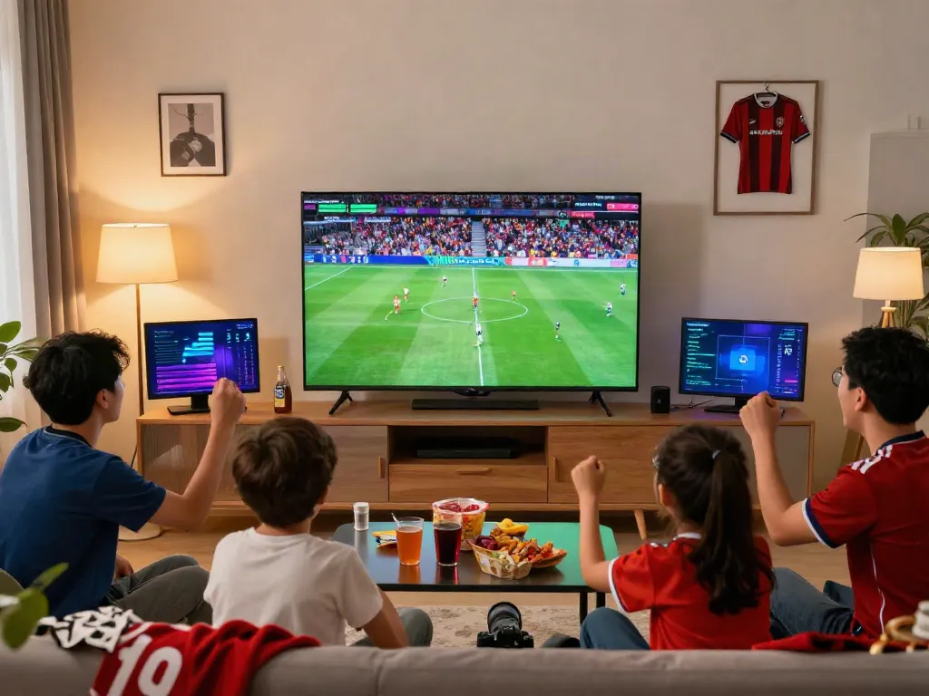 Fans enjoying live football streaming at https://thapcamtvlive.live/ in a cozy living room with snacks and teamwork.