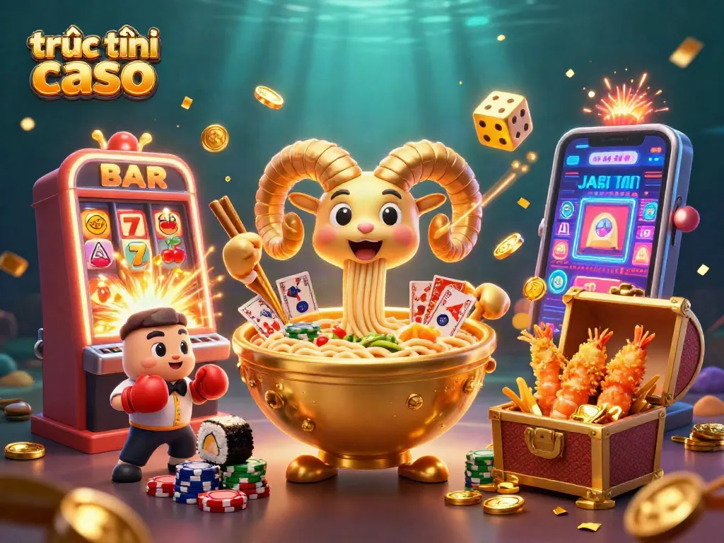 Sòng bạc trực tuyến với cảnh 3D đầy màu sắc, các nhân vật thú vị và một máy đánh bạc lớn.