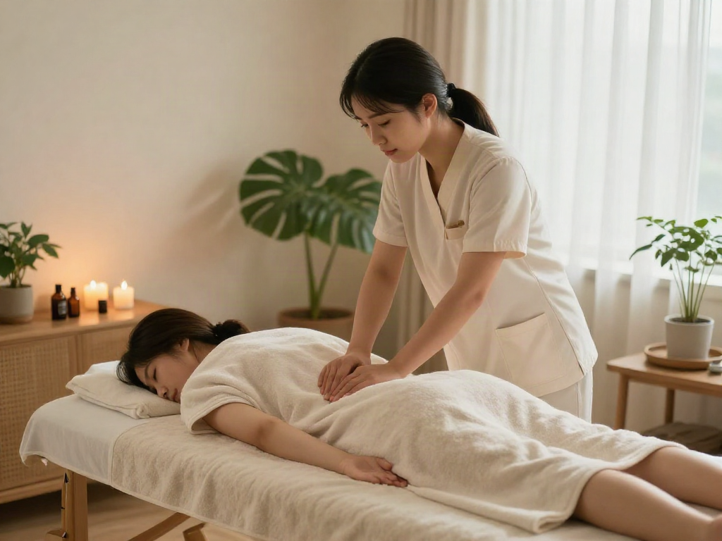 Relaxing 강북출장마사지 session at home with soft lighting and soothing decor.