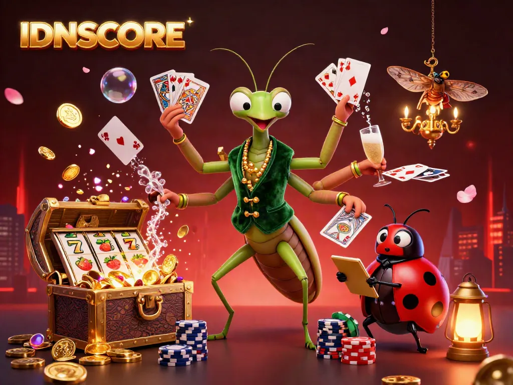 IDNSCORE showcases vibrant casino action with a giant praying mantis card sharp and a ladybug pit boss among treasures and slot elements.