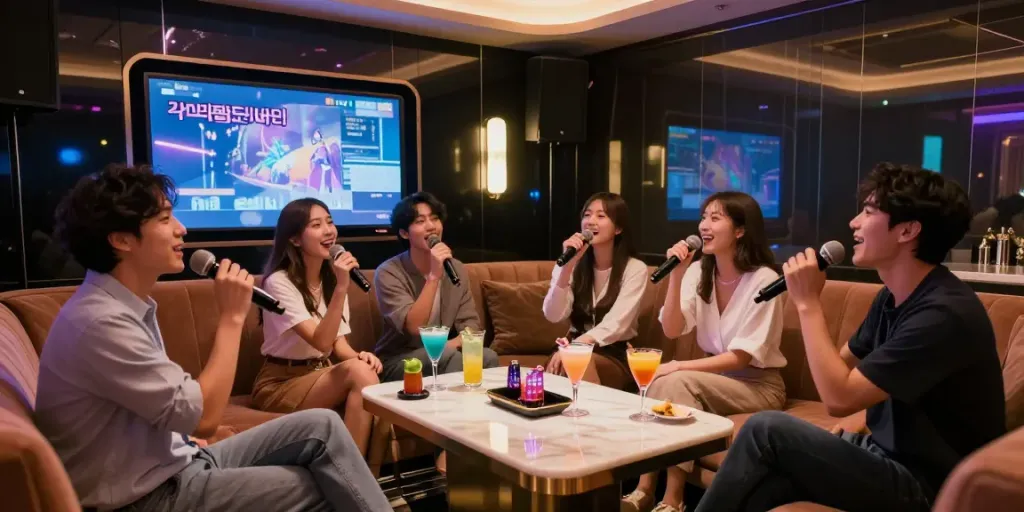 강남달토에서 친구들과 함께 노래 부르는 고급스러운 가라오케 룸의 모습