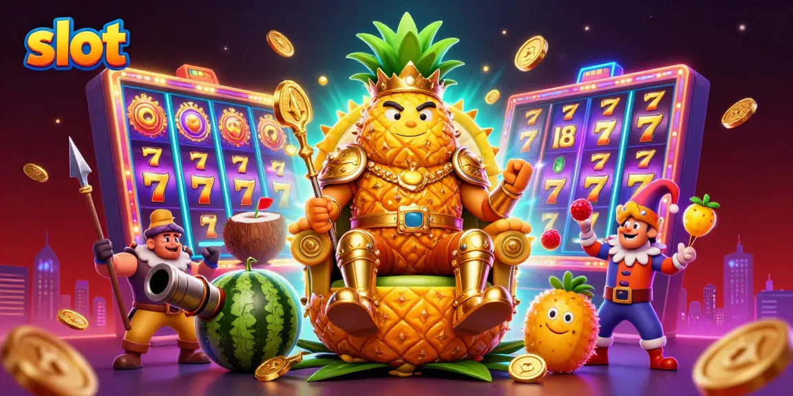 Engage in exciting slot gameplay with a colorful scene highlighting the vibrant characters of a pineapple king and jester.