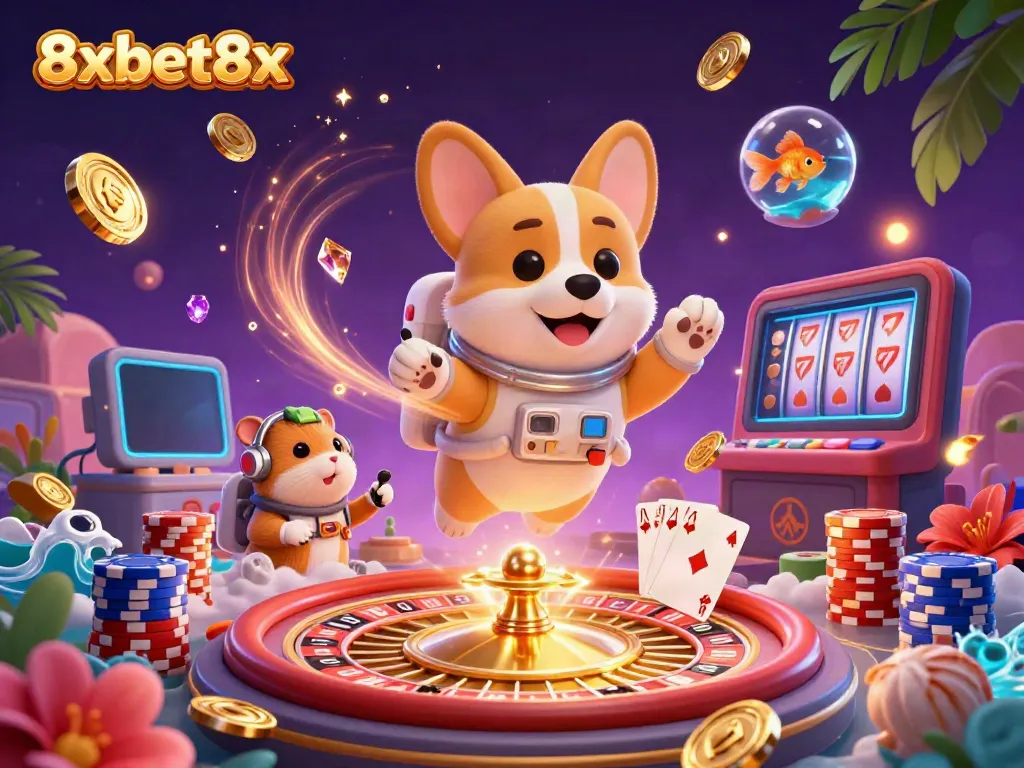 Experience thrilling gameplay with 8xbet8x in a dynamic casino adventure featuring floating corgi and goldfish.