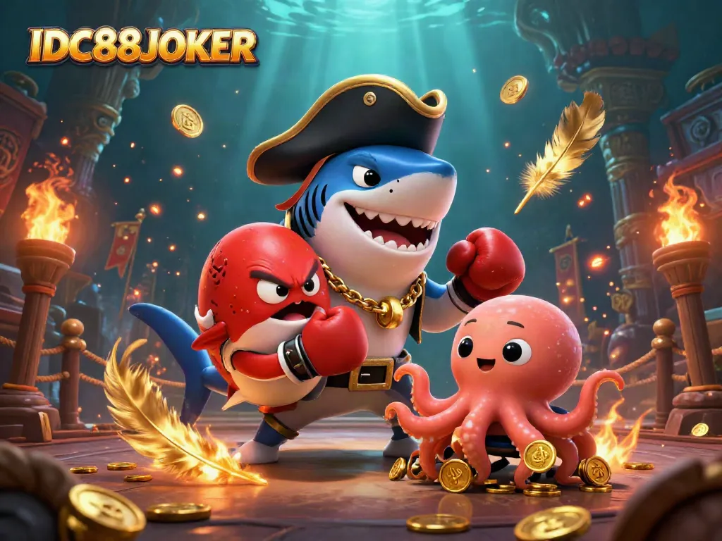 Engage in thrilling gaming at IDC88JOKER, with vibrant characters and lavish gold coins in an underwater casino arena.
