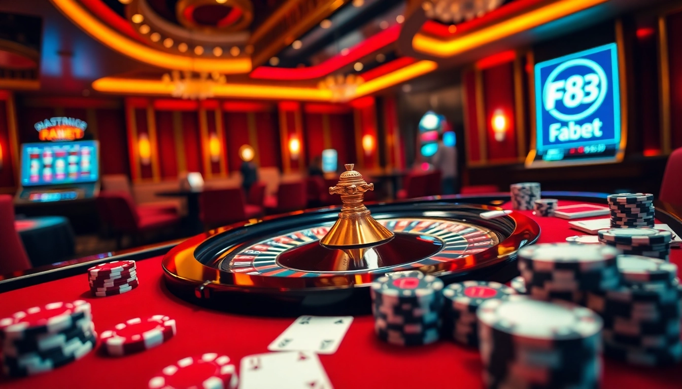 Experience the excitement of F8Bet with an elegant casino scene showing a roulette table and poker chips.