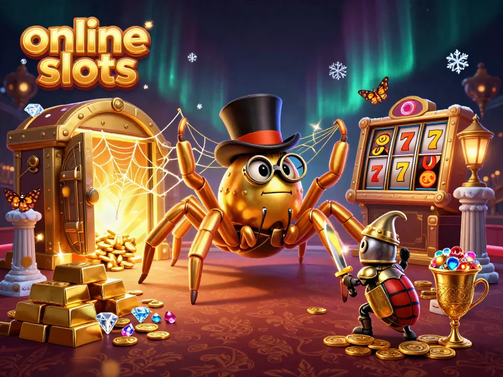 Experience thrilling online slots with a giant tarantula and beetle knight amidst treasures and jackpot elements.