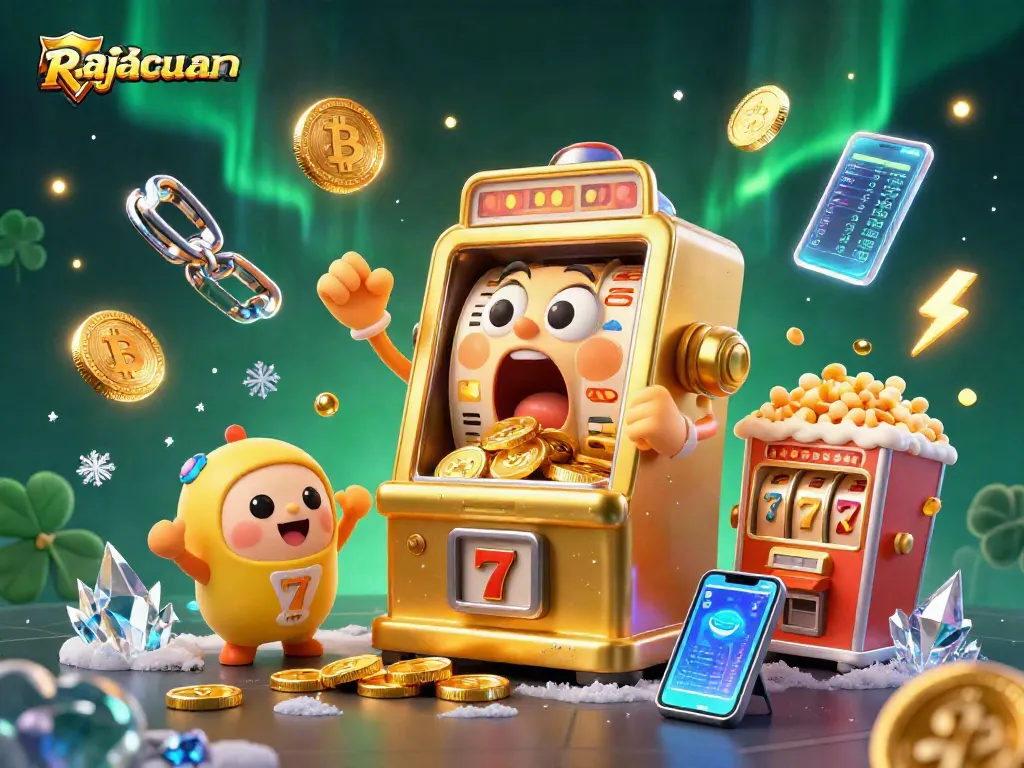 Rajacuan celebrates a jackpot win with excited slot machines and gold coins raining down.