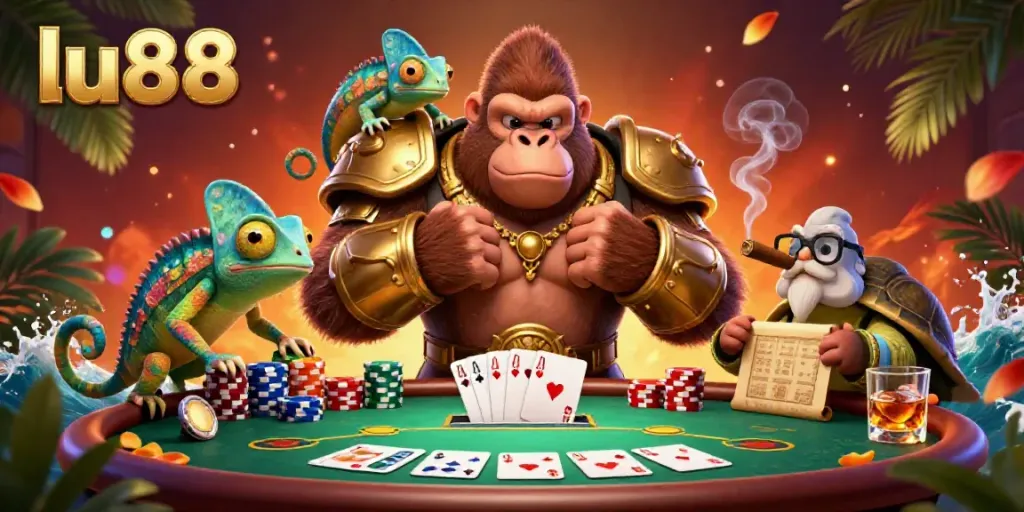 Join the excitement at lu88, where a powerful gorilla king showcases poker skills amidst vibrant game elements.