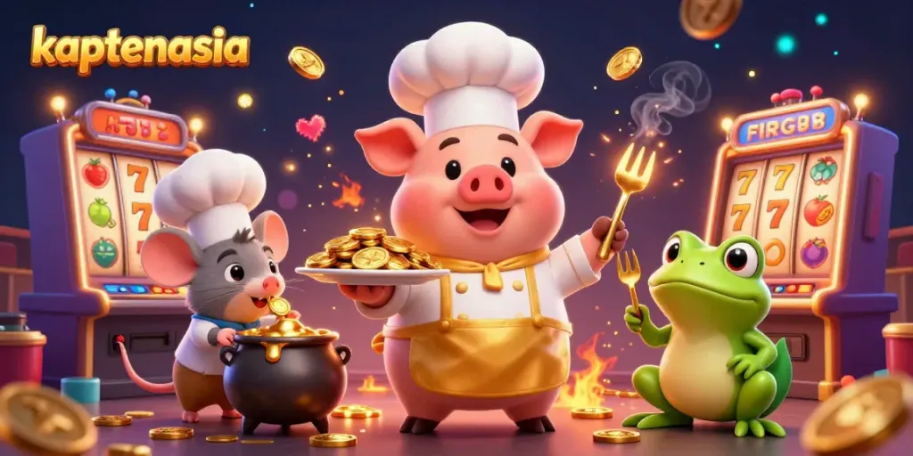 Engage with kaptenasia's thrilling slot games as a cartoon chef pig serves gold coins surrounded by vibrant casino elements.