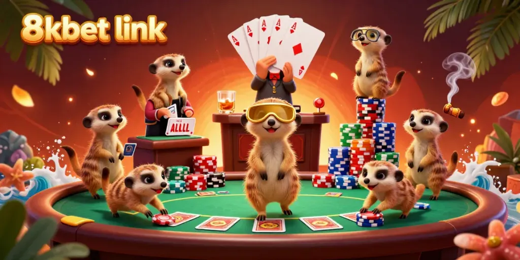 Experience the excitement of the 8xbet link with energetic meerkats managing a vibrant casino scene.