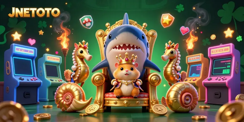 Experience the excitement of JNETOTO with a unique gambling-themed illustration featuring a hamster king and arcade excitement.