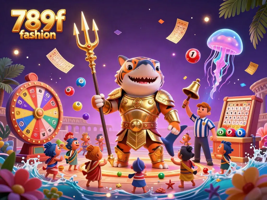 Experience the thrill of 789f fashion with a vibrant casino underwater arena showcasing a tiger shark gladiator amidst engaging game elements.