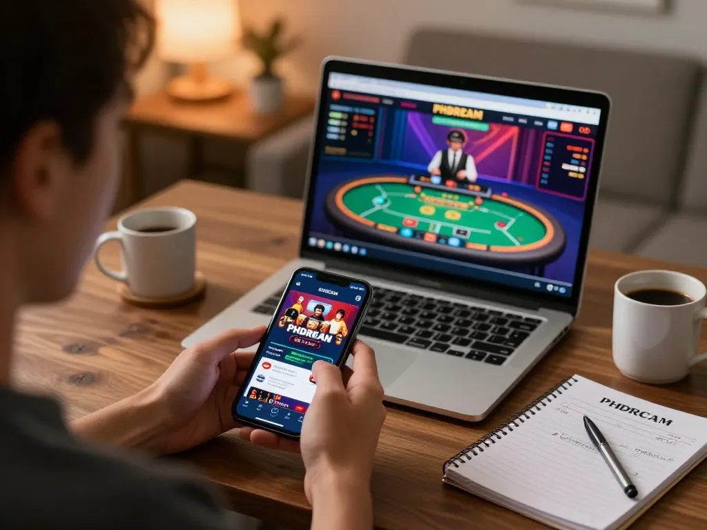 Engaging in mobile gambling using phdream gcash on a smartphone with live games visible on a laptop, creating a cozy atmosphere.