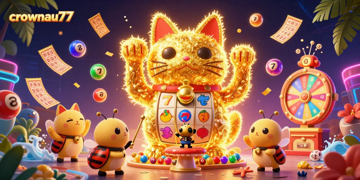 Engage with crownau77's vibrant slots featuring a lucky cat surrounded by exciting casino elements.