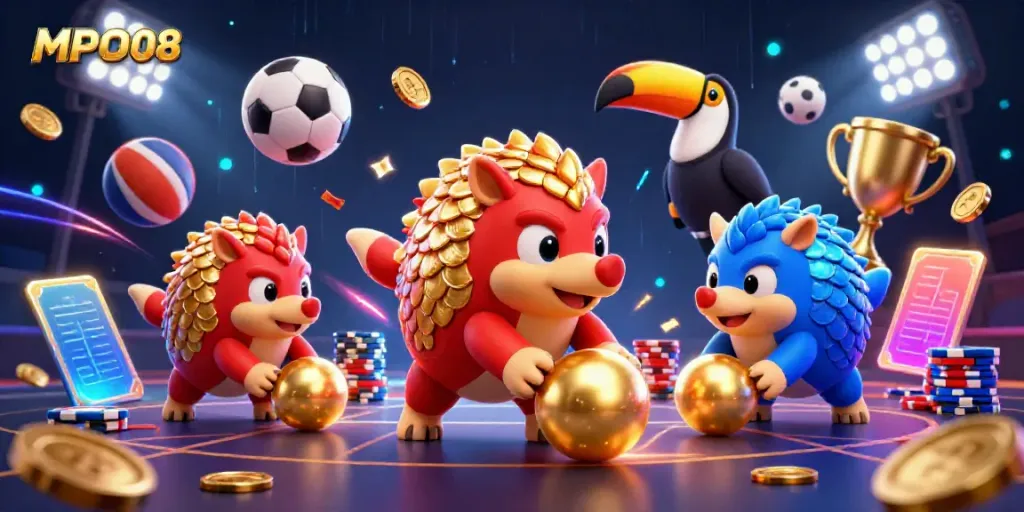 Experience dynamic action in MPO08 with cartoon pangolins engaging in exciting casino games.