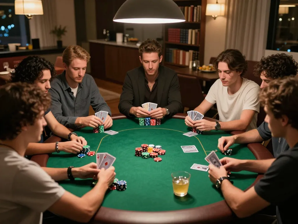VA88 poker night with friends enjoying Texas Hold'em game around round table, vibrant social atmosphere.