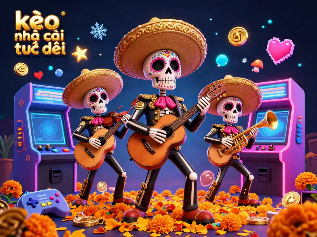 Experience thrilling kèo nhà cái trực tiếp with a vibrant mariachi band amidst casino elements in a lively 3D scene.