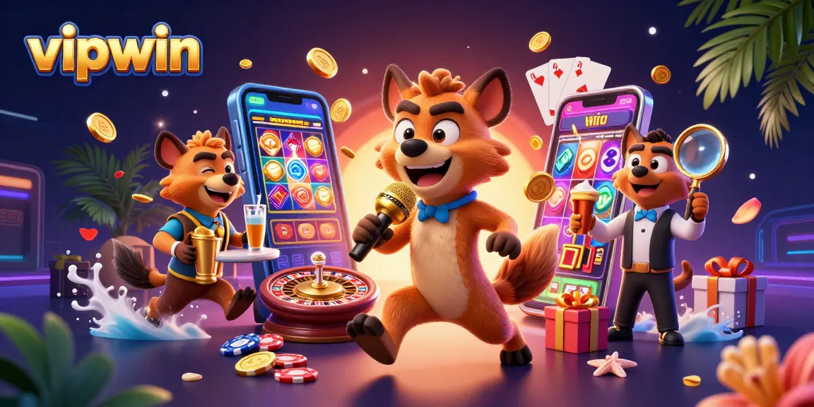 Engage in exciting games at vipwin with vibrant casino characters in a lively setting.