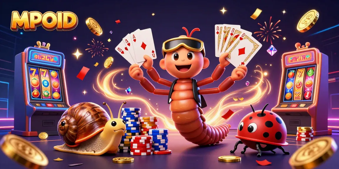 Engage with MPOID's vibrant gaming scene featuring a cartoon millipede dealer, slot reels, and colorful casino elements.