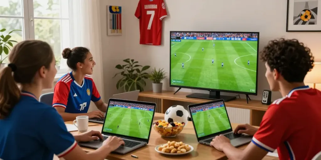 Soccer fans enjoying a live match on https://thapcamtv.ac/ in a cozy living room.