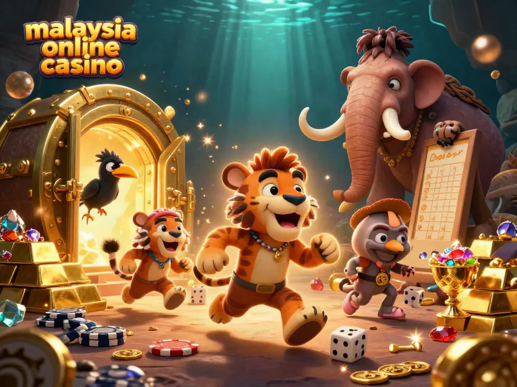 Experience the excitement of a malaysia online casino with prehistoric characters in a vibrant, gold-rich scene.