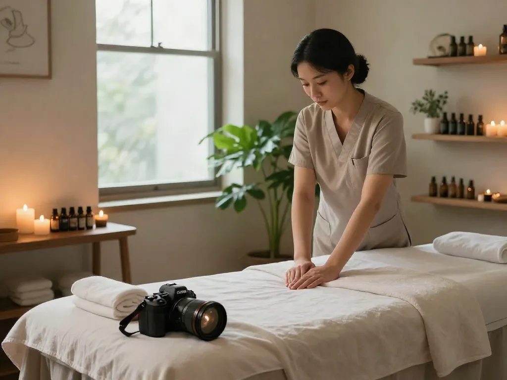 Professional 강남출장마사지 therapist preparing a soothing indoor spa environment.