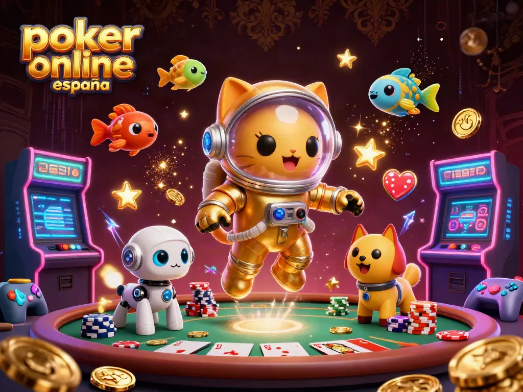 Disfruta de póker en línea España con un gato astronauta en una escena de juego dinámica y llena de acción