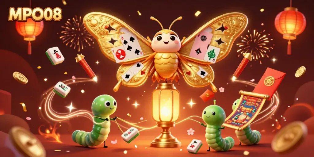 MPO08's vibrant casino scene features a golden atlas moth with card suits, lanterns, and festive elements.