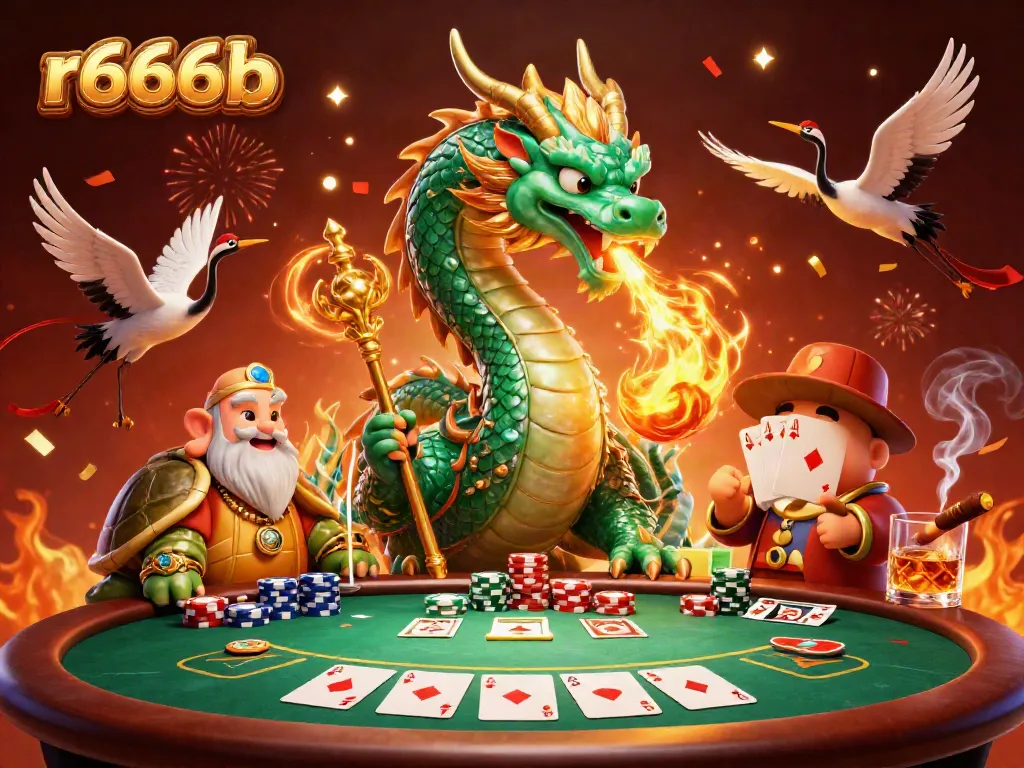 Engage in thrilling games at r666b with a jade dragon and poker elements in a vibrant casino scene.