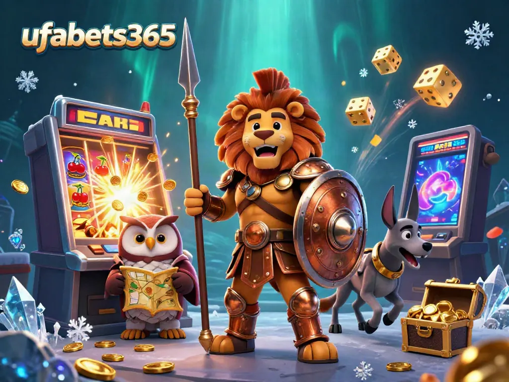 Experience the excitement of ufabets365 with a vibrant casino-themed illustration featuring a Spartan lion, owl, and greyhound.