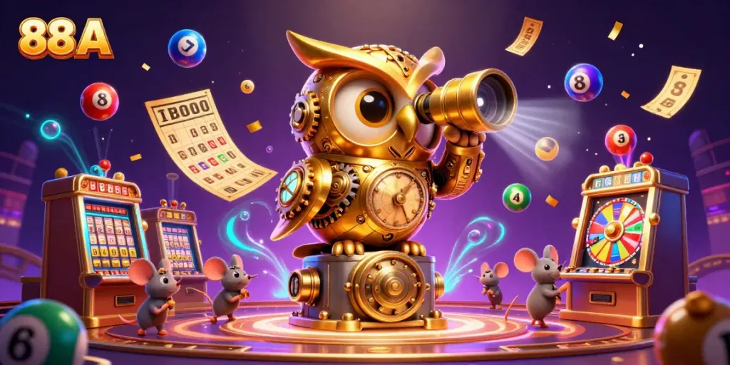 Experience thrilling gameplay with the 88 AA clockwork owl surveying vibrant casino action.