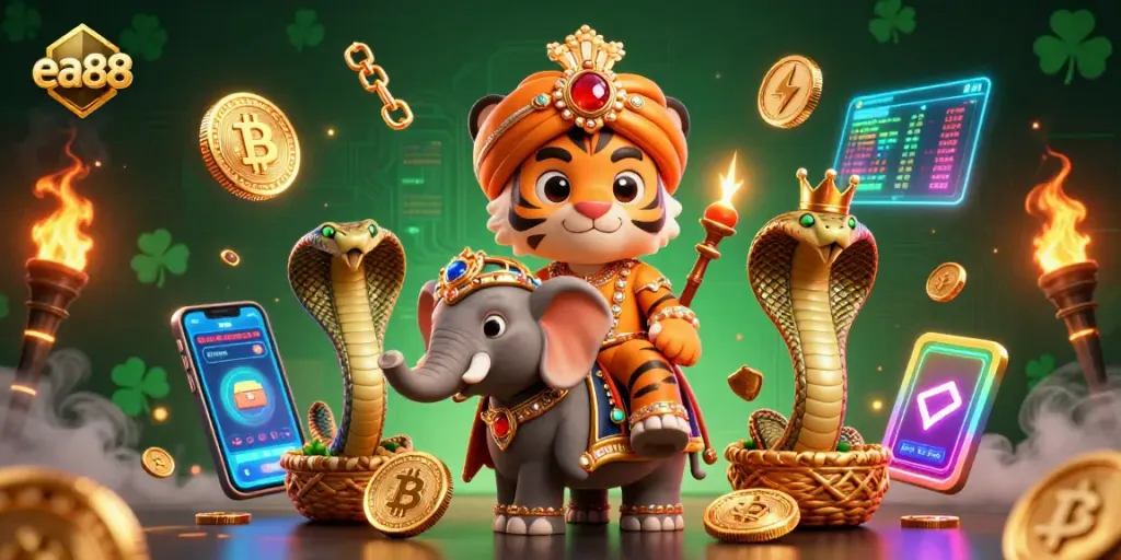 Chơi game tại ea88 với hình ảnh maharaja và động vật quý trang trí hoàng gia