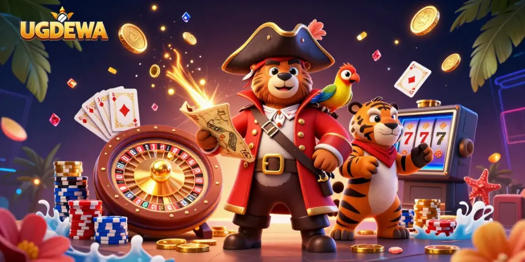 Experience gambling adventure with UGDEWA, featuring a pirate captain bear and his tiger first mate amidst rich casino elements.