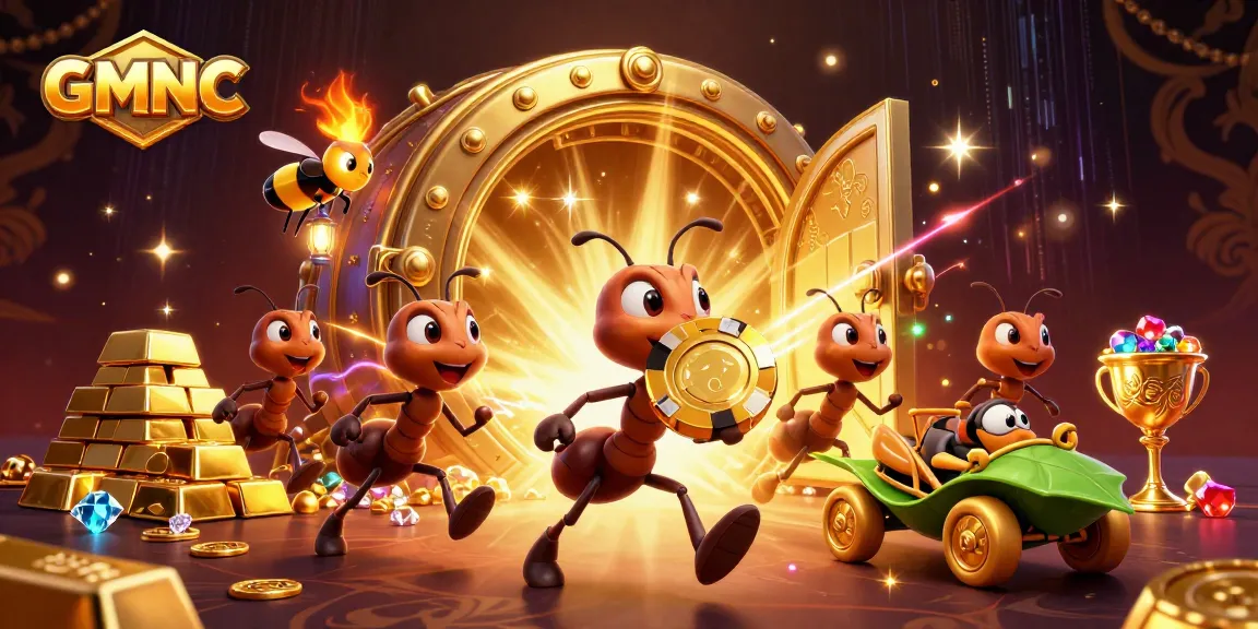 Engaging GMNC heist scene with ants and golden poker chip in a vibrant casino world.