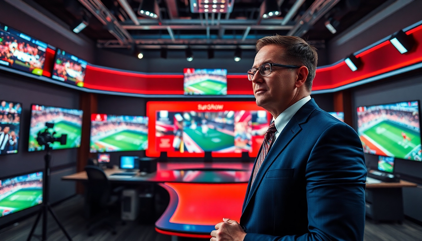 Engaging scene of sports broadcasting with a broadcaster and high-tech studio settings.