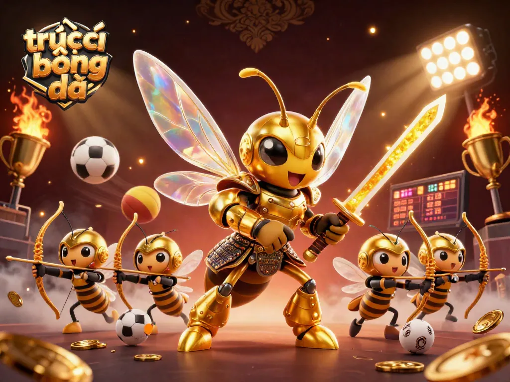 Watch trực tiếp bóng đá with a vibrant 3D illustration of sports elements and samurai hornet characters.