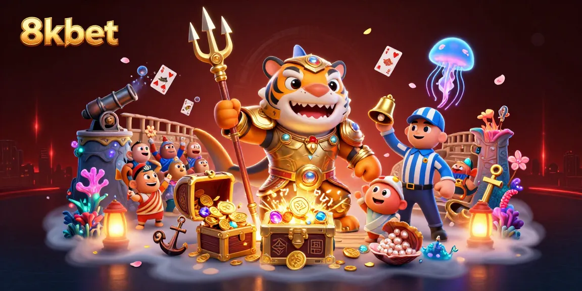 Experience the excitement of 8xbet with a tiger shark gladiator in a magical underwater casino scene.