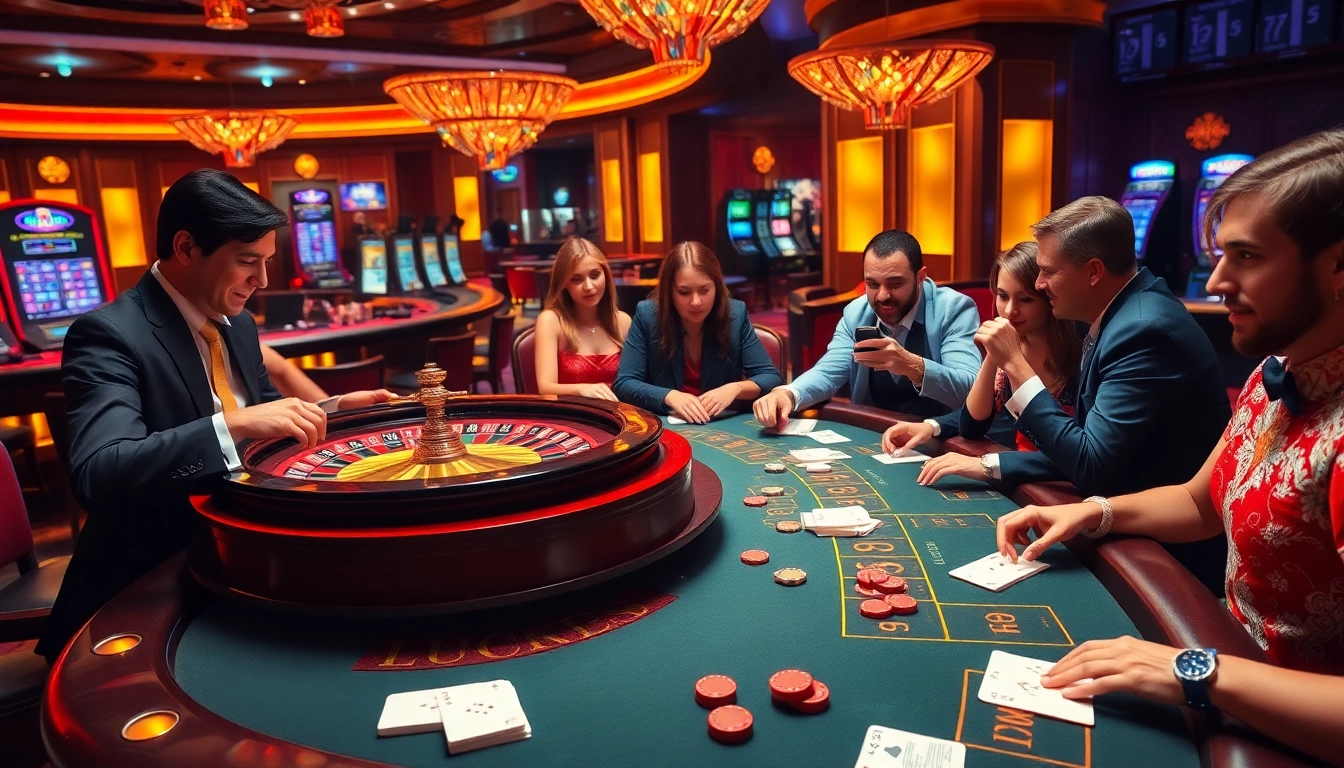 LUCK8 casino players enjoying a thrilling game at a poker table with vibrant atmosphere.